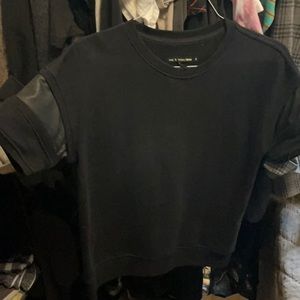 Rag & Bone black sweatshirt top short sleeve with leather detail on sleeve